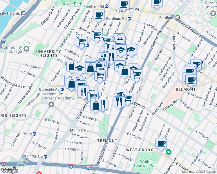 map of restaurants, bars, coffee shops, grocery stores, and more near 2115 Ryer Avenue in Bronx