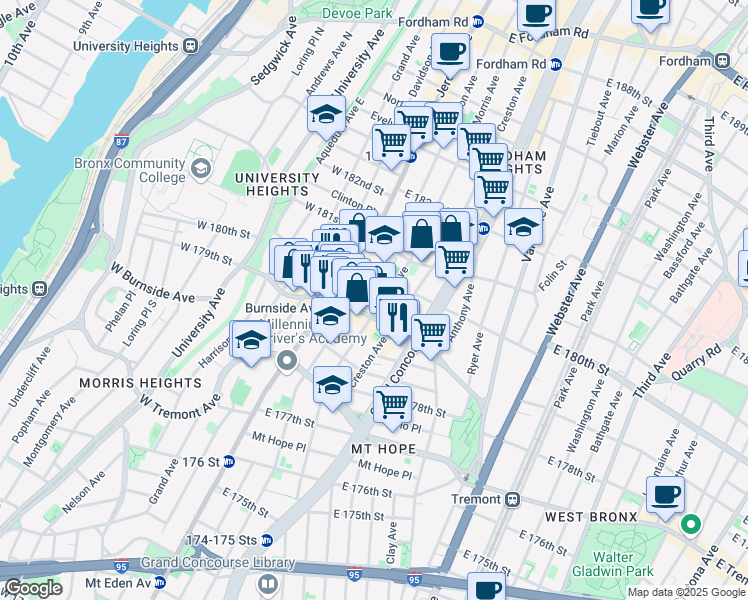 map of restaurants, bars, coffee shops, grocery stores, and more near 2079 Morris Avenue in Bronx
