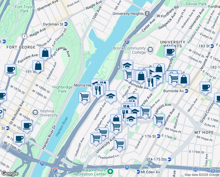 map of restaurants, bars, coffee shops, grocery stores, and more near 1874 Cedar Avenue in Bronx