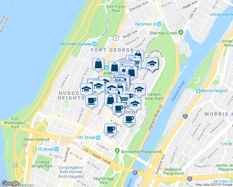 map of restaurants, bars, coffee shops, grocery stores, and more near 1565 Saint Nicholas Avenue in New York