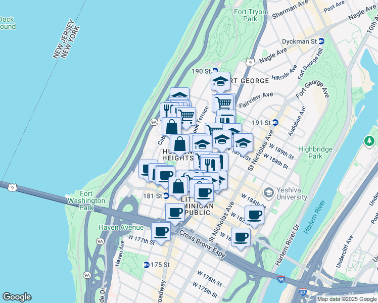 map of restaurants, bars, coffee shops, grocery stores, and more near 40 Overlook Terrace in New York