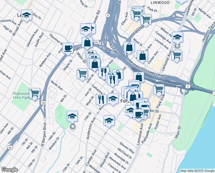 map of restaurants, bars, coffee shops, grocery stores, and more near in Fort Lee