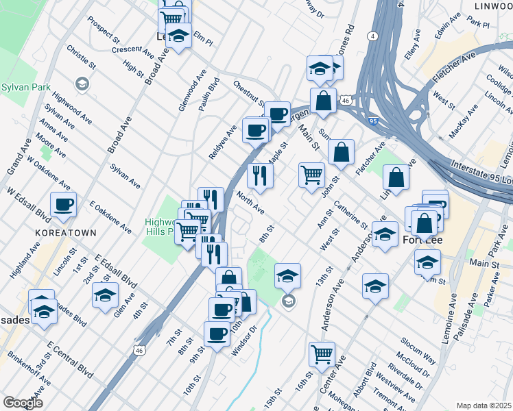 map of restaurants, bars, coffee shops, grocery stores, and more near in Fort Lee