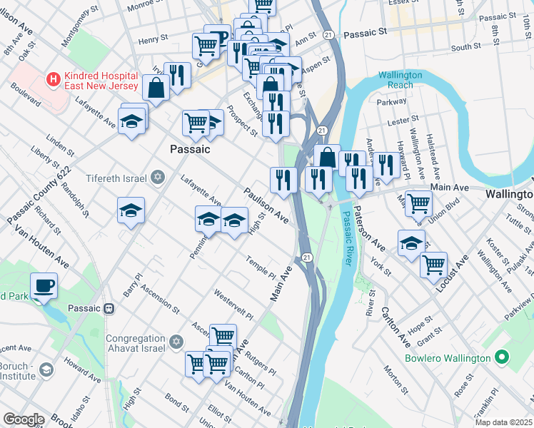 map of restaurants, bars, coffee shops, grocery stores, and more near 80 Paulison Avenue in Passaic