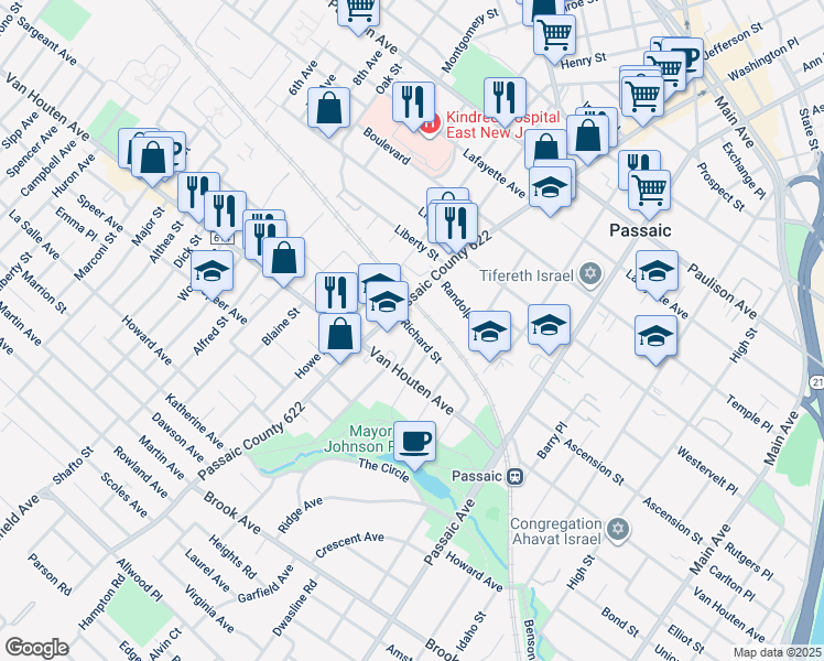 map of restaurants, bars, coffee shops, grocery stores, and more near 100 Richard Street in Passaic