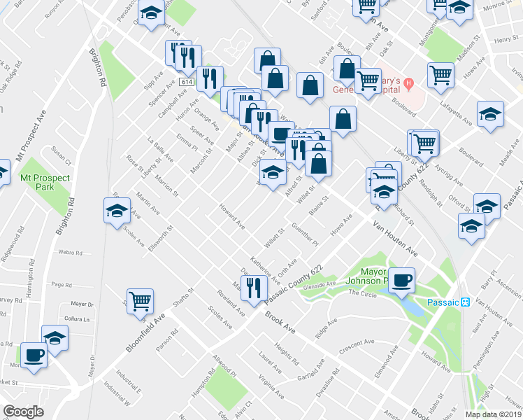 map of restaurants, bars, coffee shops, grocery stores, and more near 72 Wesley Street in Clifton