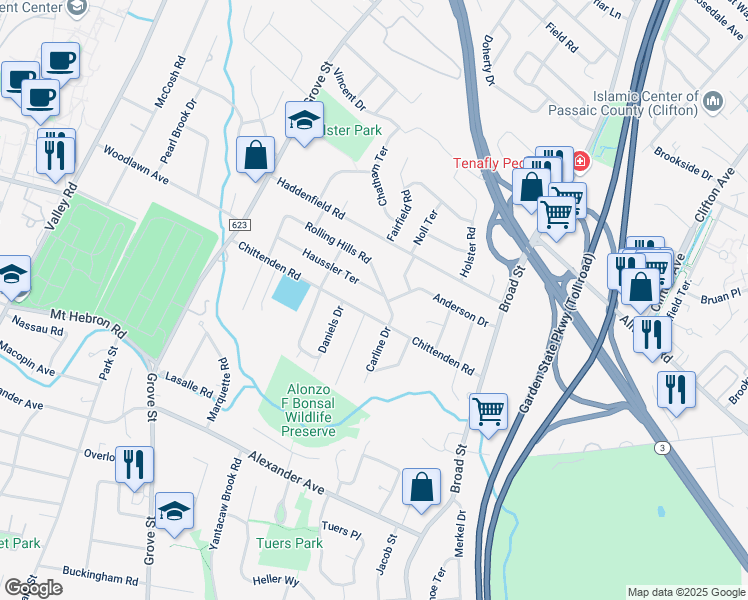 map of restaurants, bars, coffee shops, grocery stores, and more near 38 Rolling Hills Road in Clifton
