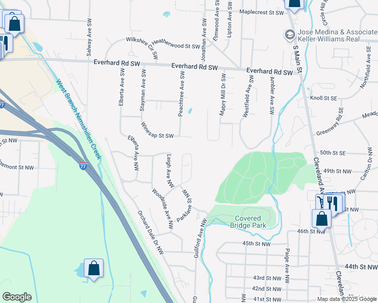 map of restaurants, bars, coffee shops, grocery stores, and more near 2906 Treeside Street Northwest in Canton