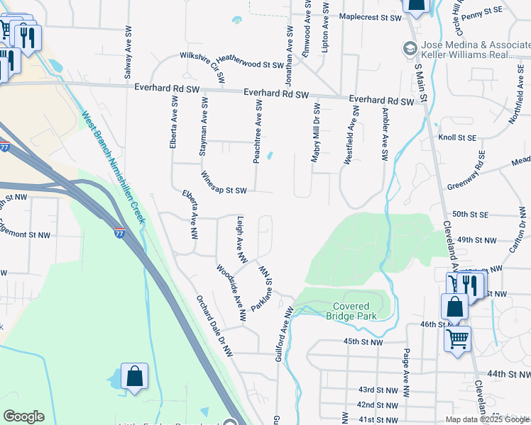 map of restaurants, bars, coffee shops, grocery stores, and more near 2906 Treeside Street Northwest in Canton