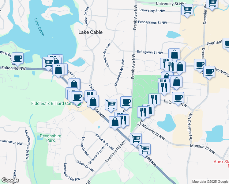 map of restaurants, bars, coffee shops, grocery stores, and more near 5206 Dungannon Circle Northwest in North Canton