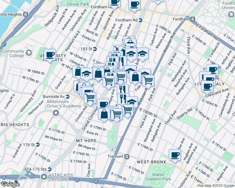 map of restaurants, bars, coffee shops, grocery stores, and more near 2105 Ryer Avenue in Bronx