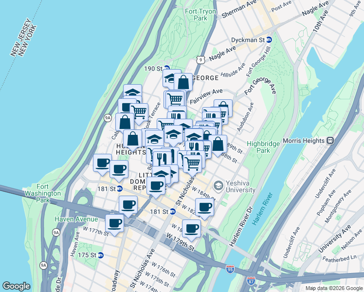 map of restaurants, bars, coffee shops, grocery stores, and more near 612 W 187th St in New York
