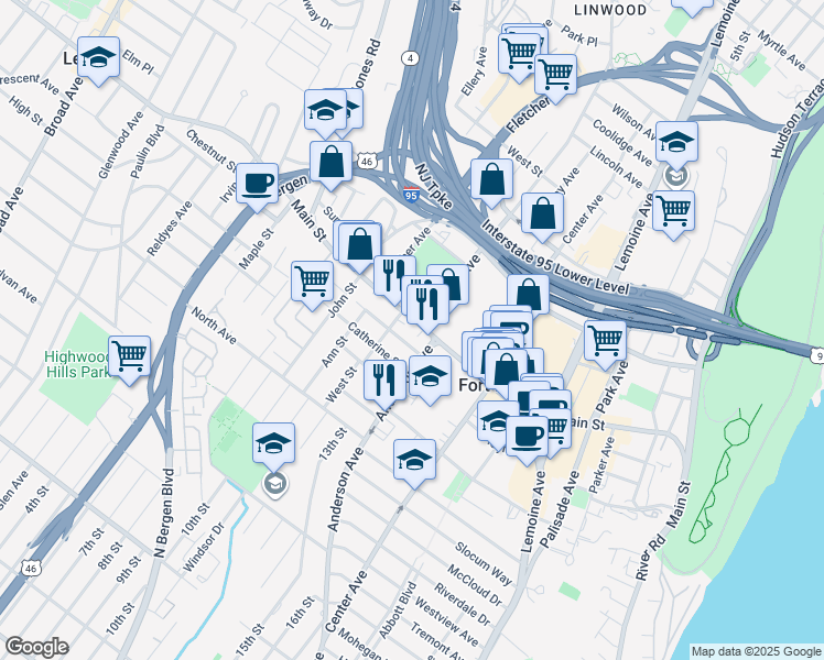 map of restaurants, bars, coffee shops, grocery stores, and more near in Fort Lee