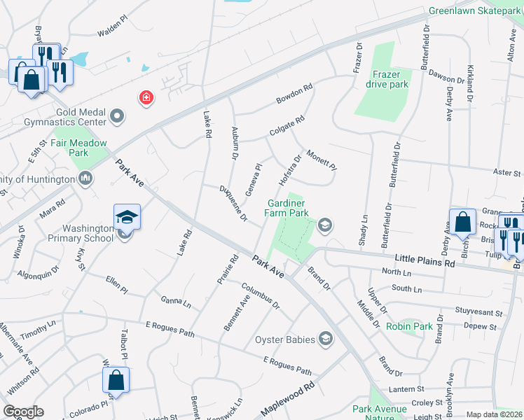 map of restaurants, bars, coffee shops, grocery stores, and more near 17 Hofstra Drive in Greenlawn