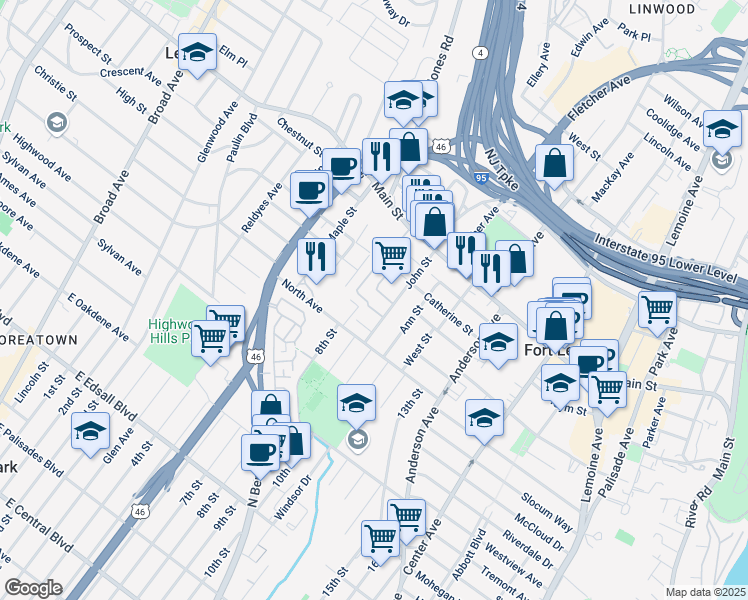 map of restaurants, bars, coffee shops, grocery stores, and more near 1597 John Street in Fort Lee