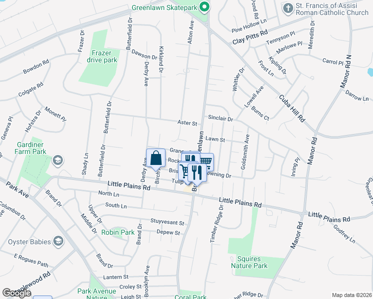 map of restaurants, bars, coffee shops, grocery stores, and more near 9 Preakness Court in Greenlawn