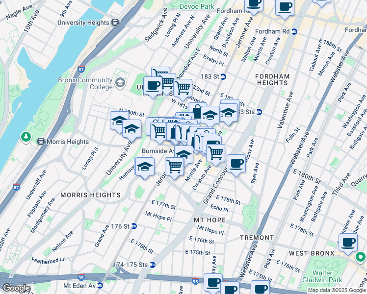 map of restaurants, bars, coffee shops, grocery stores, and more near 2047-1995 Jerome Avenue in The Bronx