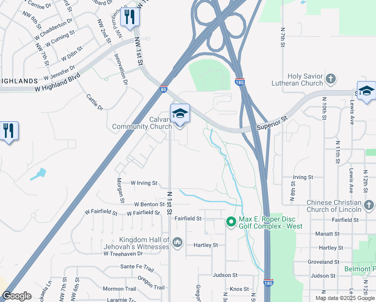 map of restaurants, bars, coffee shops, grocery stores, and more near 4400 North 1st Street in Lincoln