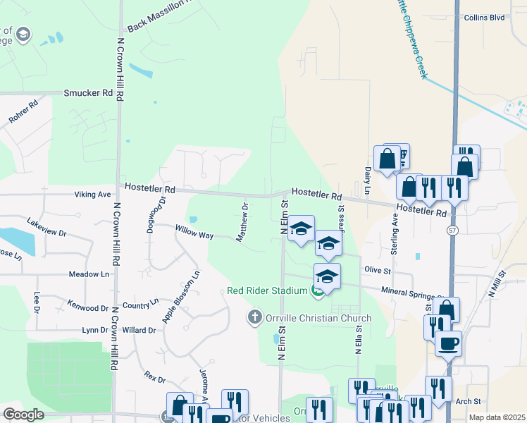 map of restaurants, bars, coffee shops, grocery stores, and more near 930 Hostetler Road in Orrville