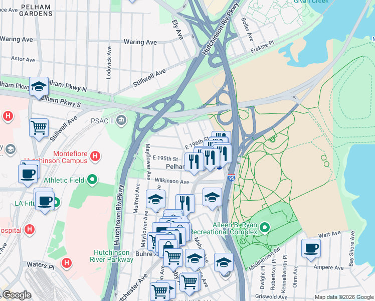 map of restaurants, bars, coffee shops, grocery stores, and more near 2922 East 196th Street in Bronx