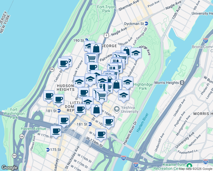 map of restaurants, bars, coffee shops, grocery stores, and more near 608 West 188th Street in New York