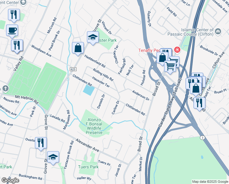 map of restaurants, bars, coffee shops, grocery stores, and more near 38 Rolling Hills Road in Clifton