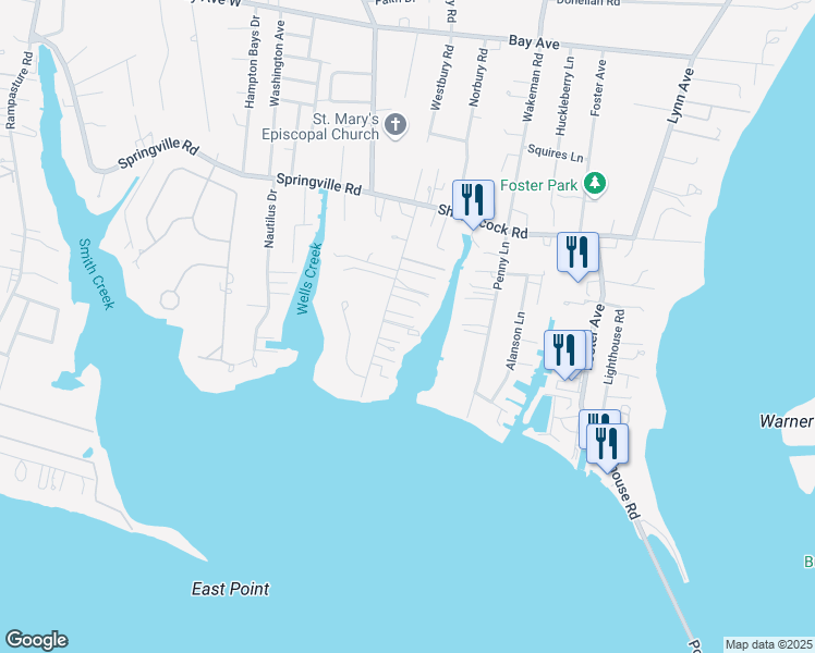 map of restaurants, bars, coffee shops, grocery stores, and more near 25 Gardners Lane in Hampton Bays