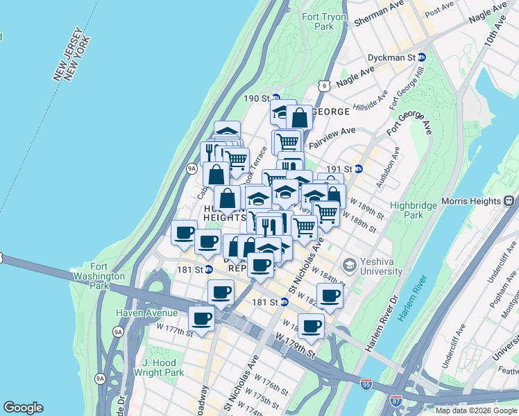 map of restaurants, bars, coffee shops, grocery stores, and more near 110 Bennett Avenue in New York