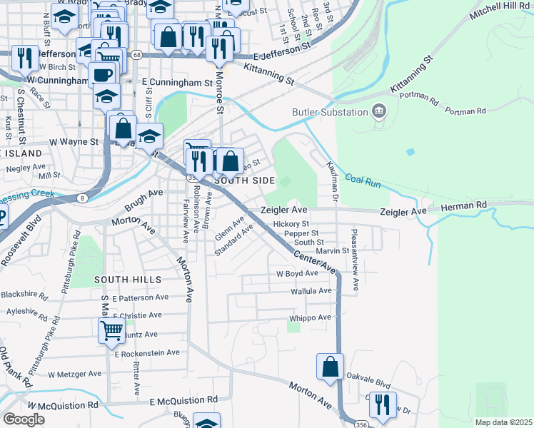 map of restaurants, bars, coffee shops, grocery stores, and more near 120 Zeigler Avenue in Butler