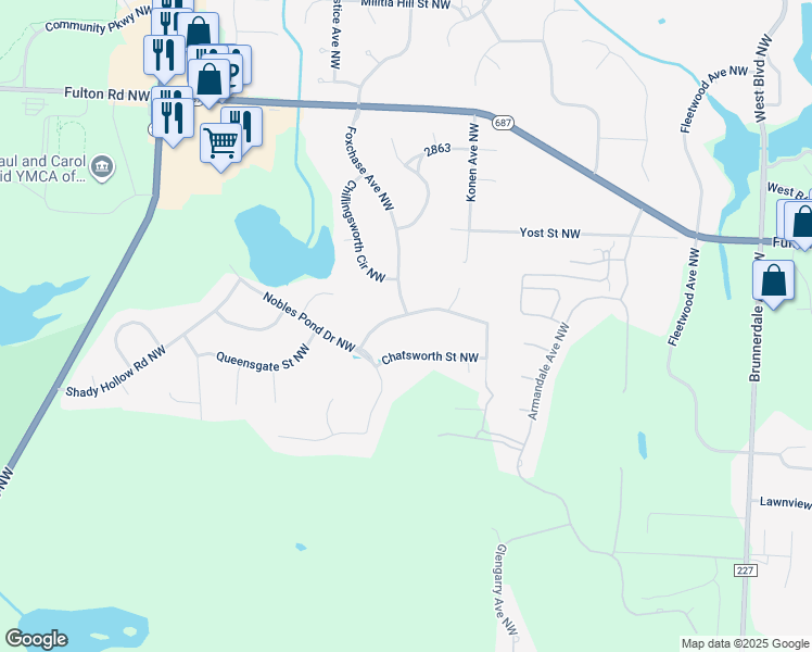 map of restaurants, bars, coffee shops, grocery stores, and more near 6700 Scarborough Road Northwest in Canton