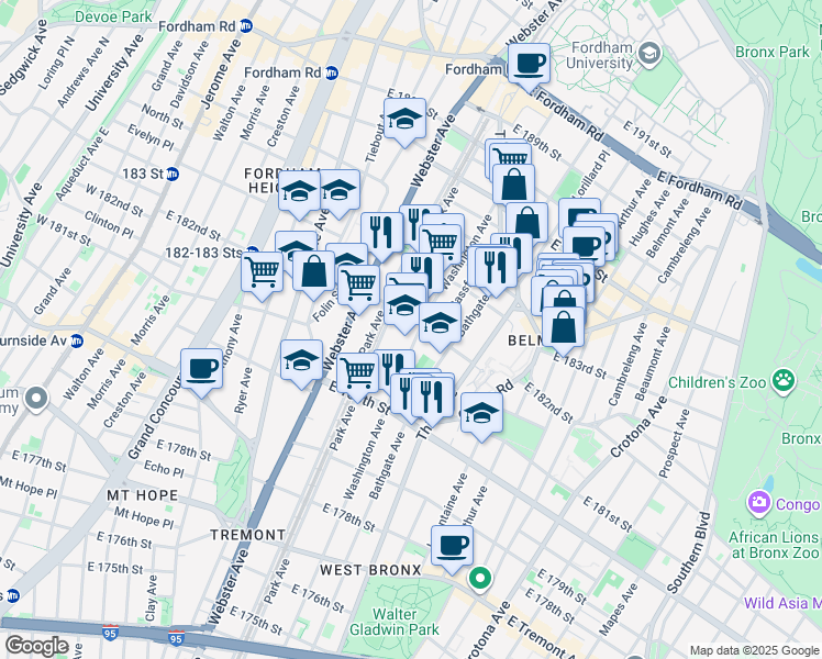 map of restaurants, bars, coffee shops, grocery stores, and more near 2185 Washington Avenue in Bronx