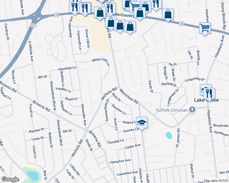 map of restaurants, bars, coffee shops, grocery stores, and more near 1 Eliot Drive in Lake Grove