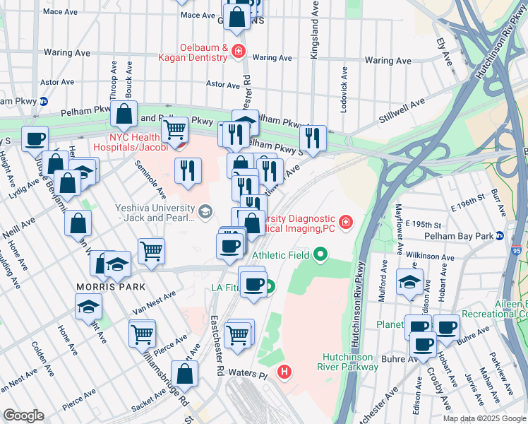 map of restaurants, bars, coffee shops, grocery stores, and more near 1550 Stillwell Avenue in The Bronx