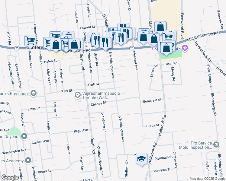 map of restaurants, bars, coffee shops, grocery stores, and more near 45 South Washington Avenue in Centereach
