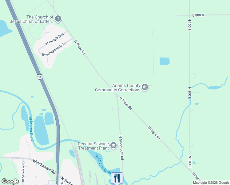 map of restaurants, bars, coffee shops, grocery stores, and more near 7535 North Piqua Road in Decatur