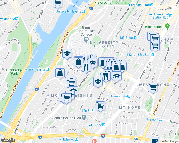 map of restaurants, bars, coffee shops, grocery stores, and more near West Burnside Avenue in Bronx