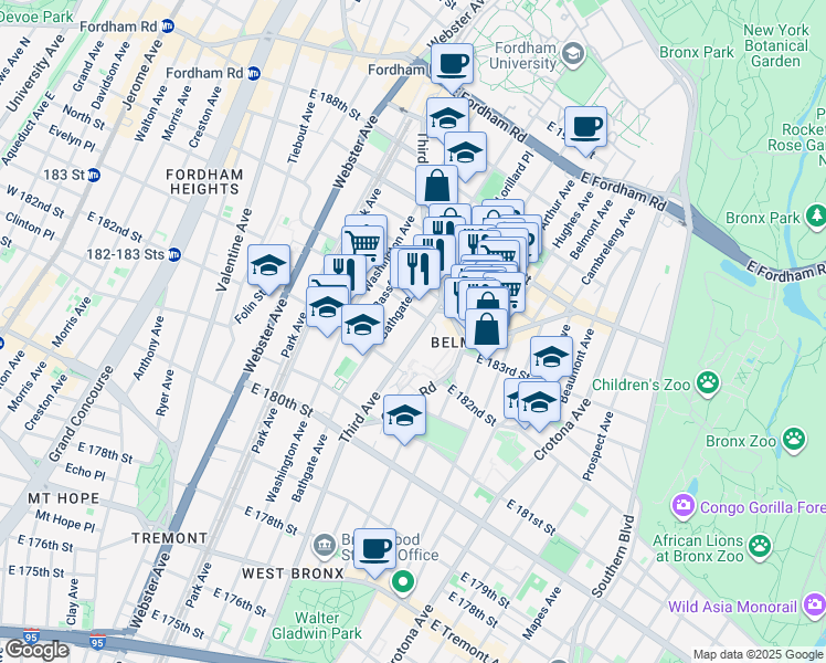 map of restaurants, bars, coffee shops, grocery stores, and more near 4511 Third Avenue in The Bronx