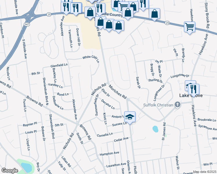 map of restaurants, bars, coffee shops, grocery stores, and more near 1 Eliot Drive in Lake Grove