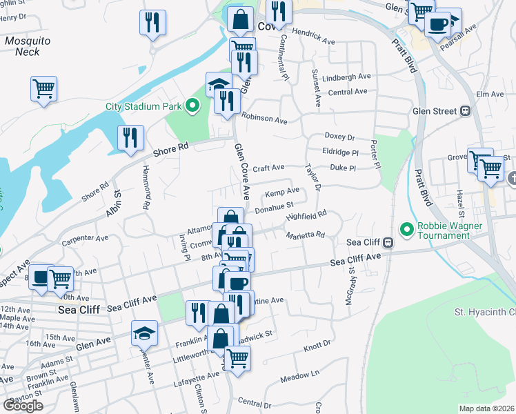 map of restaurants, bars, coffee shops, grocery stores, and more near 3 Kemp Avenue in Glen Cove