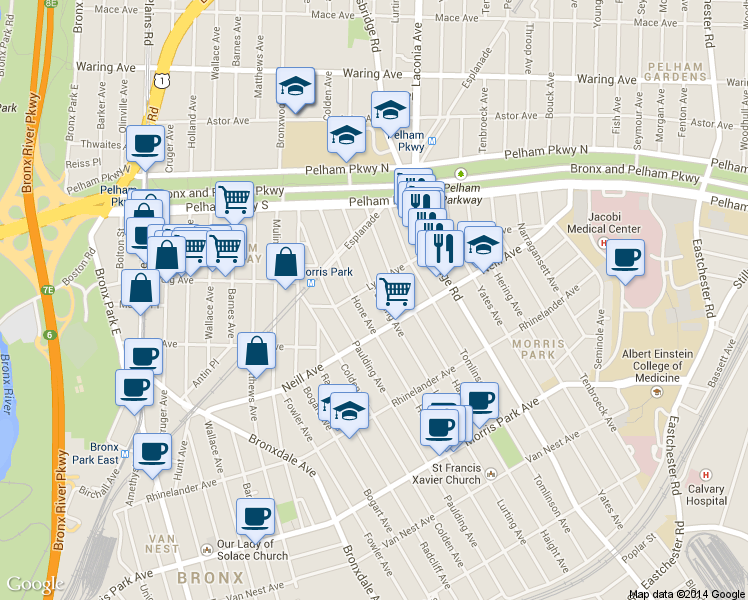 map of restaurants, bars, coffee shops, grocery stores, and more near 1050 Lydig Avenue in Bronx
