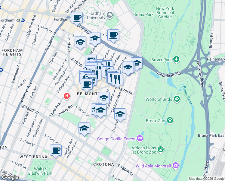 map of restaurants, bars, coffee shops, grocery stores, and more near in The Bronx