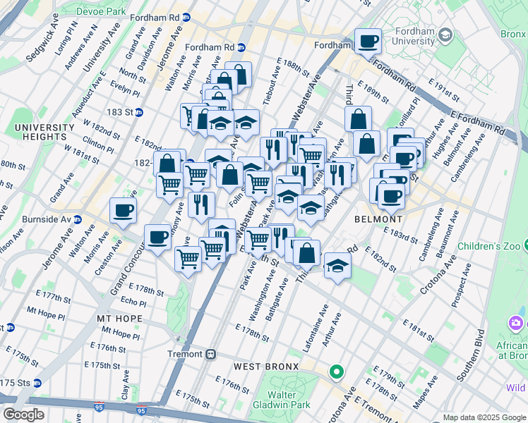 map of restaurants, bars, coffee shops, grocery stores, and more near 4455 Park Avenue in Bronx