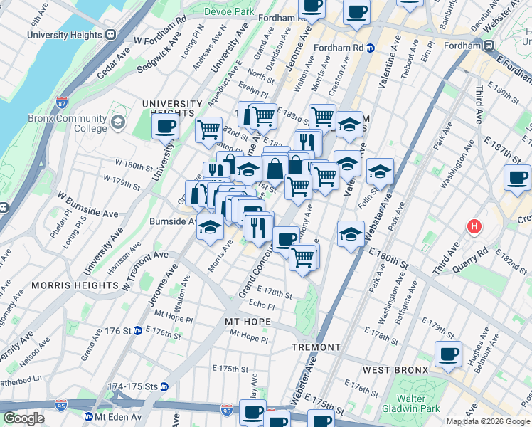 map of restaurants, bars, coffee shops, grocery stores, and more near 2086 Creston Avenue in Bronx