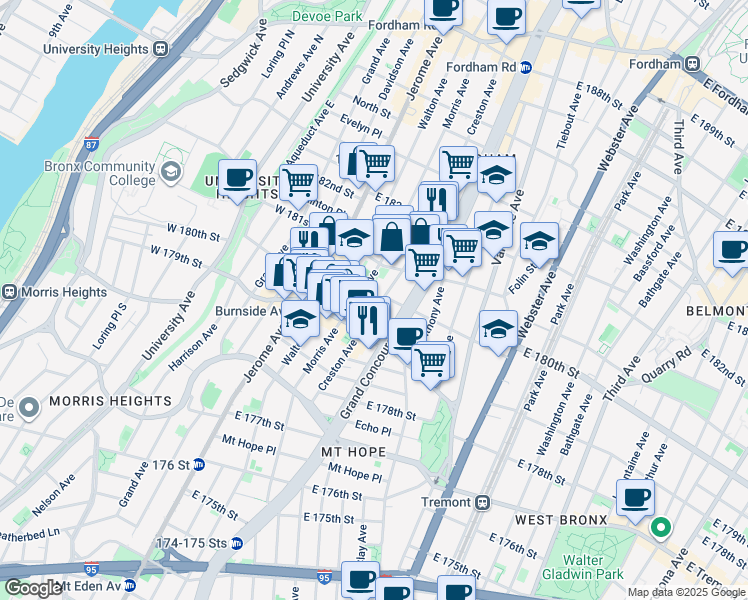map of restaurants, bars, coffee shops, grocery stores, and more near 2086 Creston Avenue in Bronx