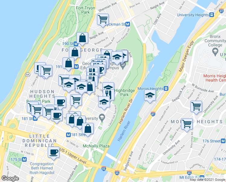 map of restaurants, bars, coffee shops, grocery stores, and more near 516 West 190th Street in New York