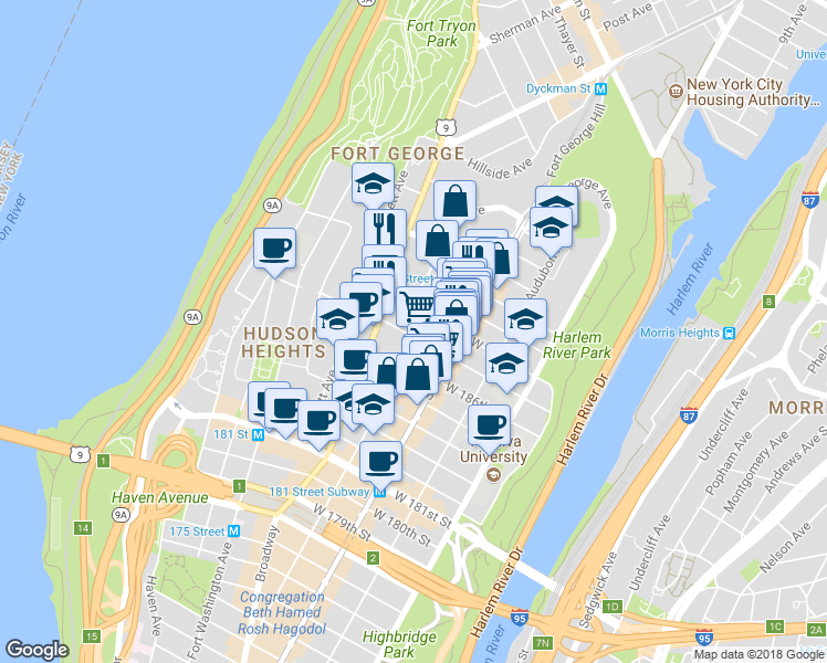map of restaurants, bars, coffee shops, grocery stores, and more near in New York