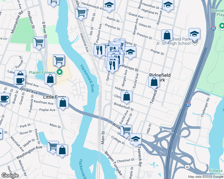 map of restaurants, bars, coffee shops, grocery stores, and more near 15 Hobart Street in Ridgefield Park