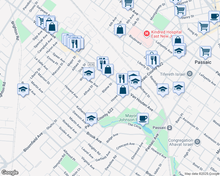map of restaurants, bars, coffee shops, grocery stores, and more near 101 Blaine Street in Passaic