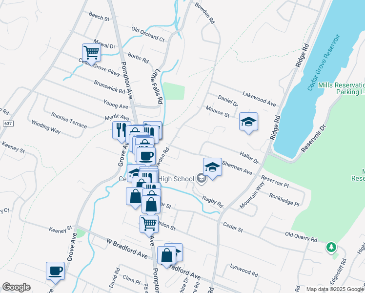 map of restaurants, bars, coffee shops, grocery stores, and more near 97 Bowden Road in Cedar Grove