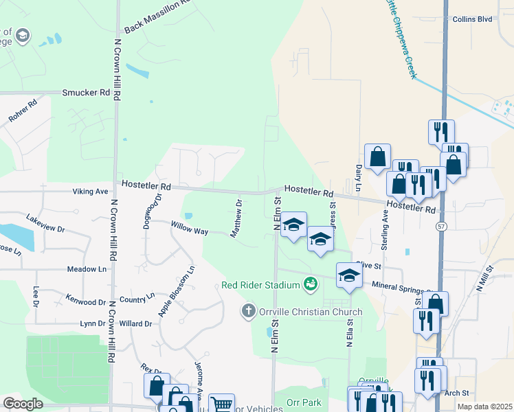 map of restaurants, bars, coffee shops, grocery stores, and more near 930 Hostetler Road in Orrville